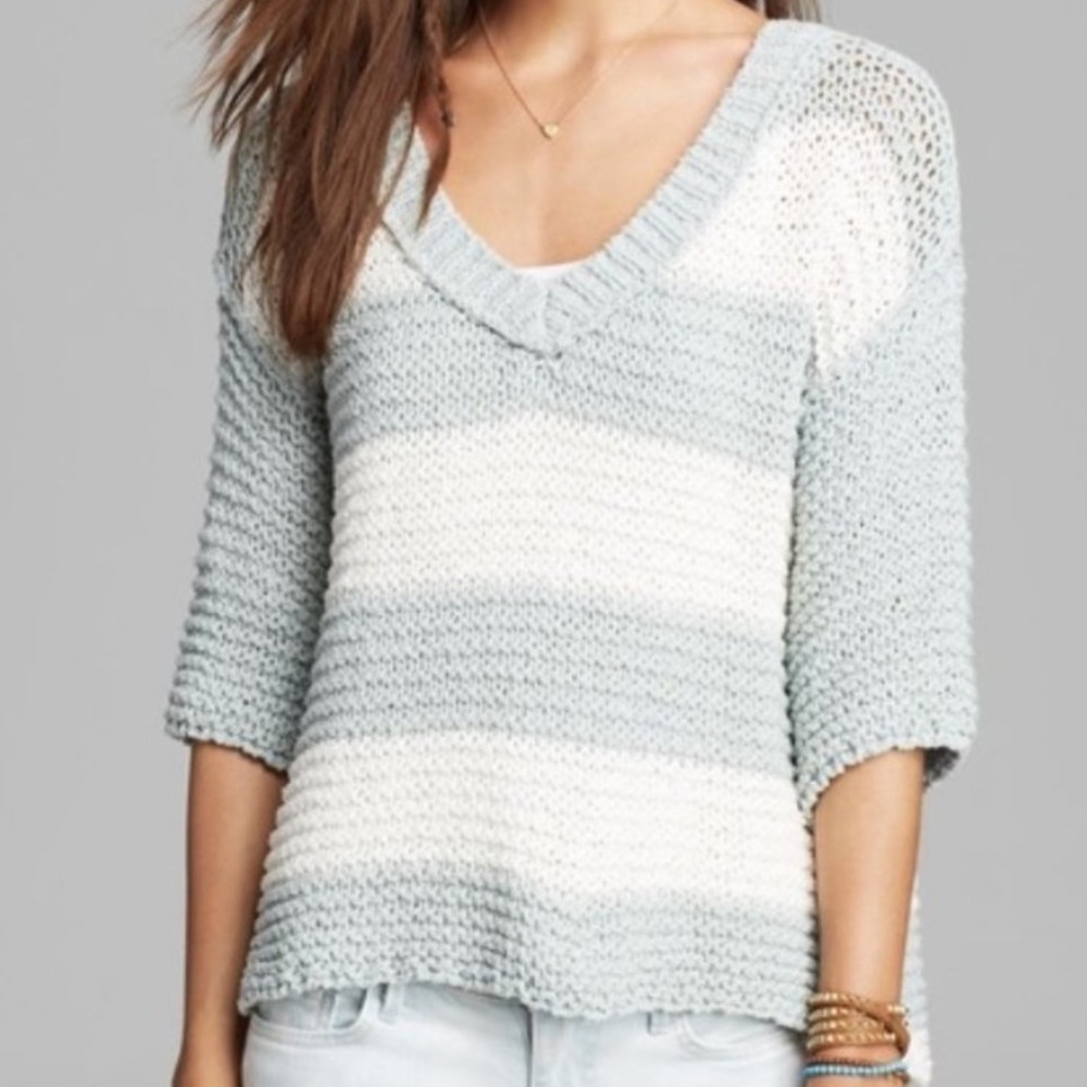 Free People Parkslope Stripe Mint and Ivory Open Knit V Neck Sweater